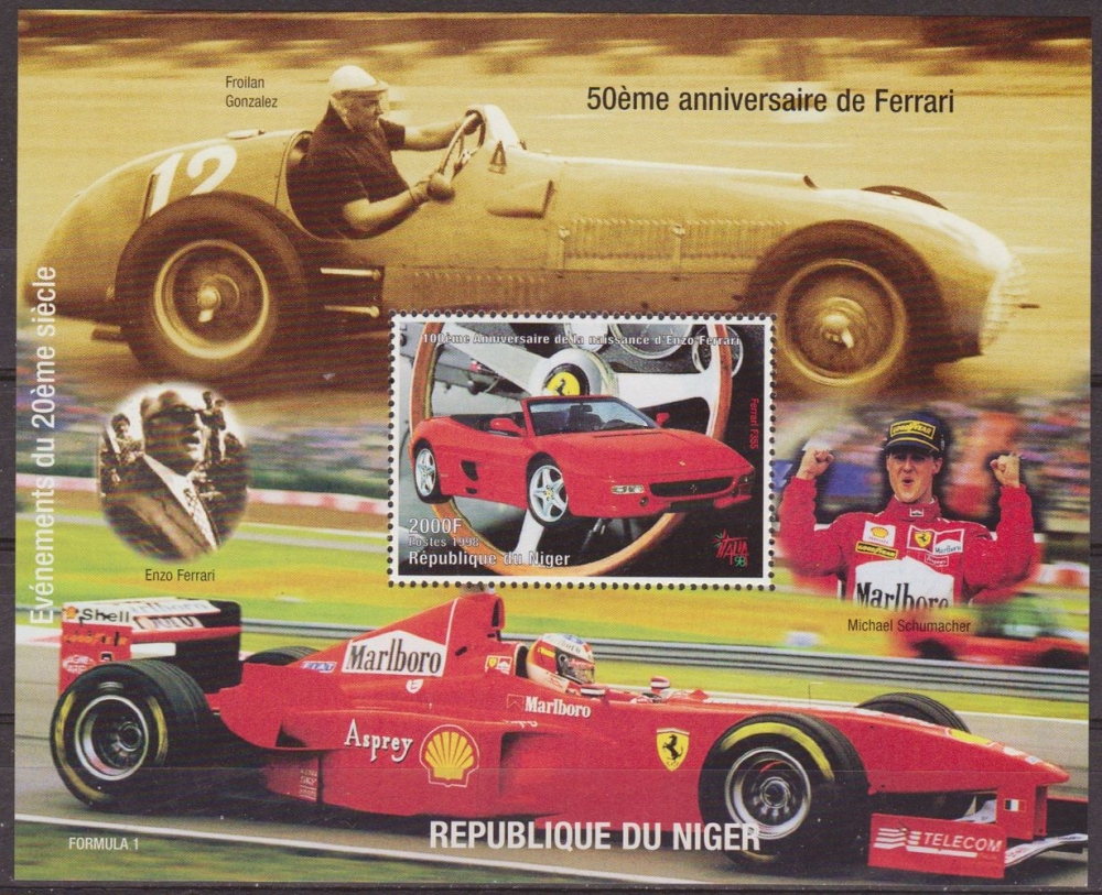 z vendido Niger 1998 Sello HB ** Aniversario Enzo Ferrari, Formula 1, Schumacher, F355 y Froilan Gonzalez 